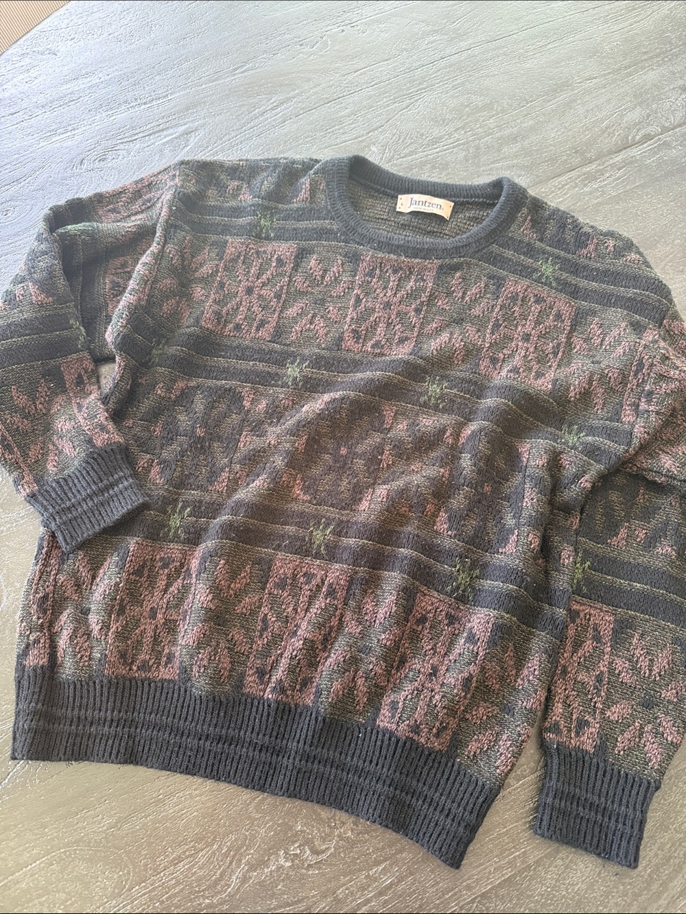 Jantzen Gray Crewneck Sweater with Pink & Green Pattern